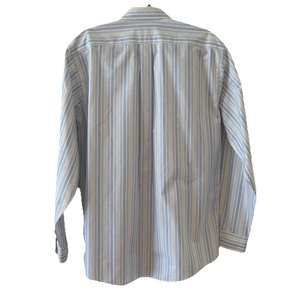 LL Bean Traditional Fit 16 35 Blue Yellow Striped Oxford Preppy Shirt Timeless